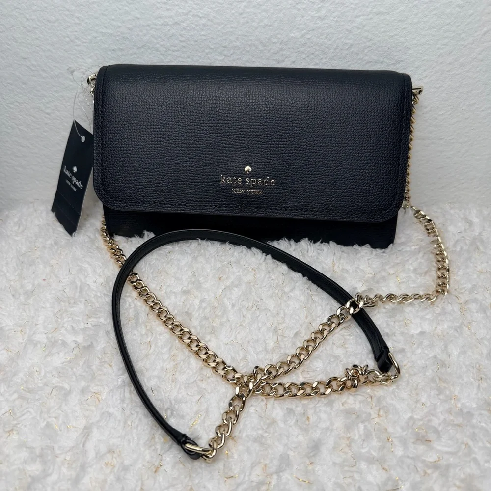 Kate‎ Spade Black Leather Chain Wallet with Cream Interior crossbody